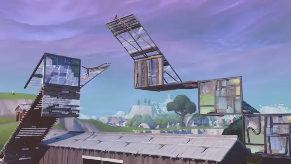 Konstrukcje z drewna i szkła w grze Battle Royale na tle fioletowego nieba.