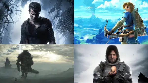 Kolaż z grafik z gier przygodowych: Nathan Drake, Link z łukiem, kolos i Sam Porter Bridges z dzieckiem.