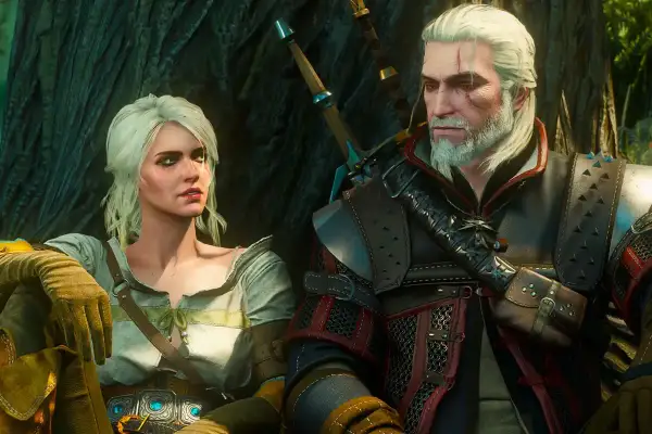 Geralt i Ciri, bohaterowie jednych z najlepszych gier RPG online, siedzą obok siebie w lesie.