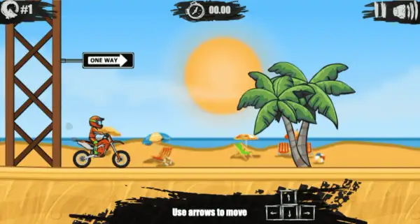 Motocyklista na plaży w grze zręcznościowej, z palmami i słońcem w tle.