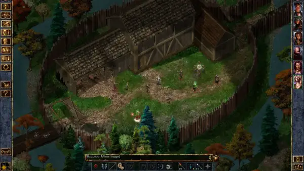 Widok z gry komputerowej z postaciami i budynkami w stylu fantasy.