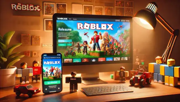 Na biurku komputer z ekranem Roblox, telefonem i figurkami. Kiedy powstał Roblox? To pytanie zadaje sobie wielu graczy.