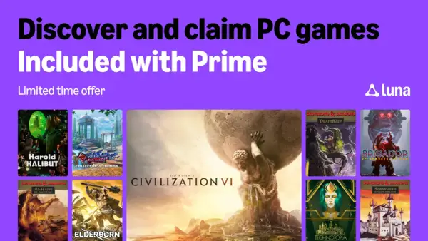 Kolaż okładek gier PC, w tym Civilization VI, z logo Prime Gaming i Amazon Luna.